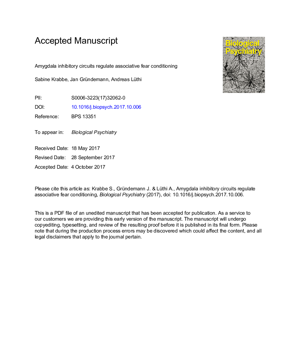 Amygdala Inhibitory Circuits Regulate Associative Fear Conditioning