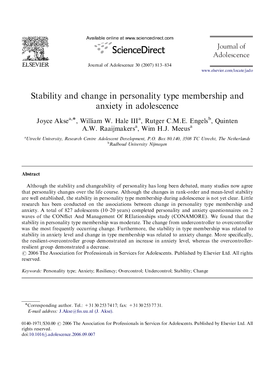 Stability and change in personality type membership and anxiety in adolescence