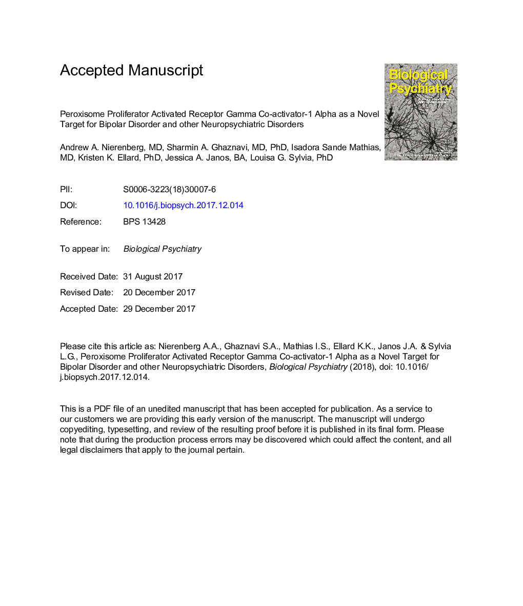 Peroxisome Proliferator-Activated Receptor Gamma Coactivator-1 Alpha as a Novel Target for Bipolar Disorder and Other Neuropsychiatric Disorders