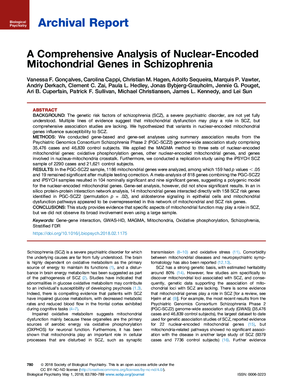 A Comprehensive Analysis of Nuclear-Encoded Mitochondrial Genes in Schizophrenia