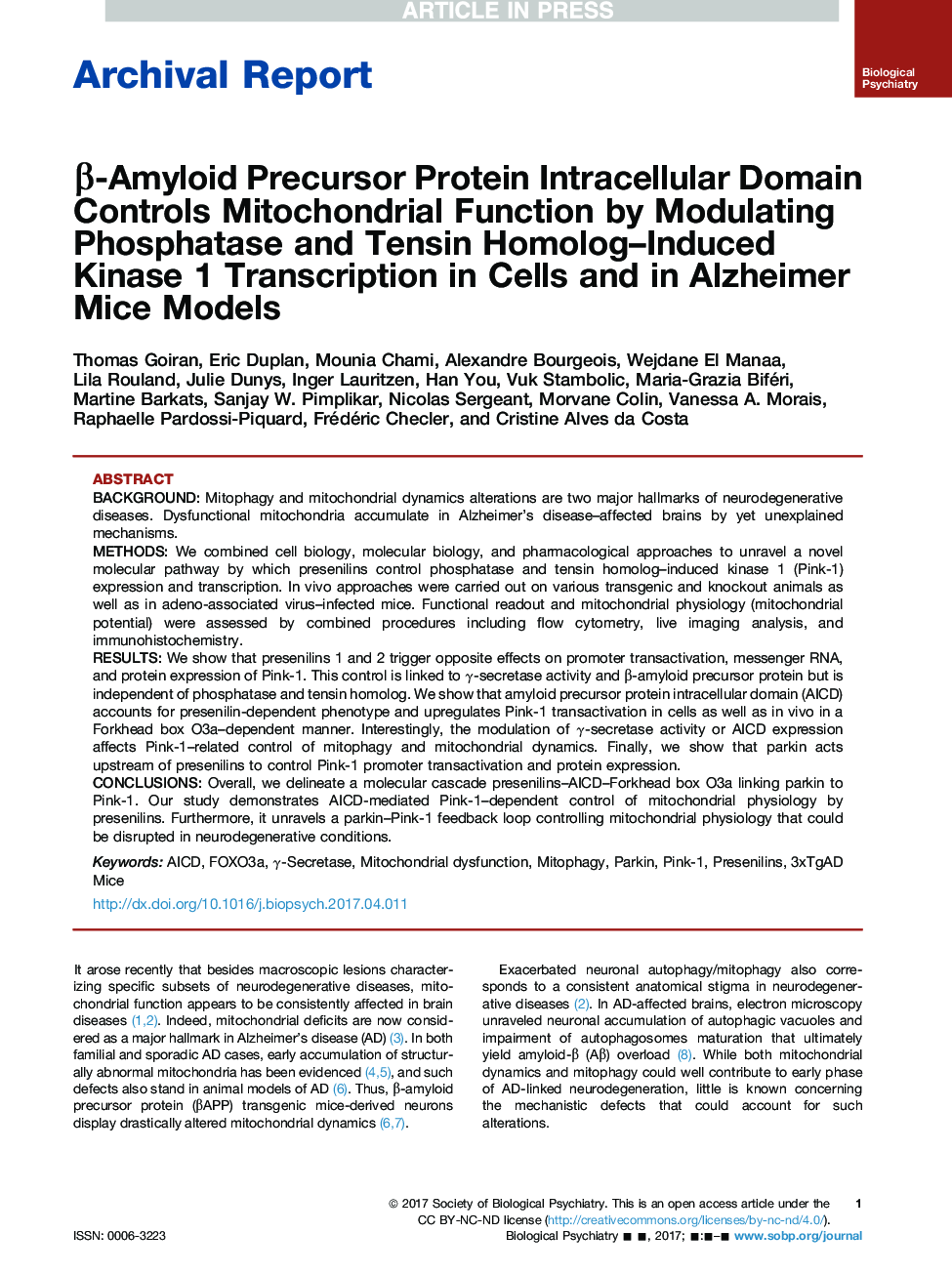 Î²-Amyloid Precursor Protein Intracellular Domain Controls Mitochondrial Function by Modulating Phosphatase and Tensin Homolog-Induced Kinase 1 Transcription in Cells and in Alzheimer Mice Models