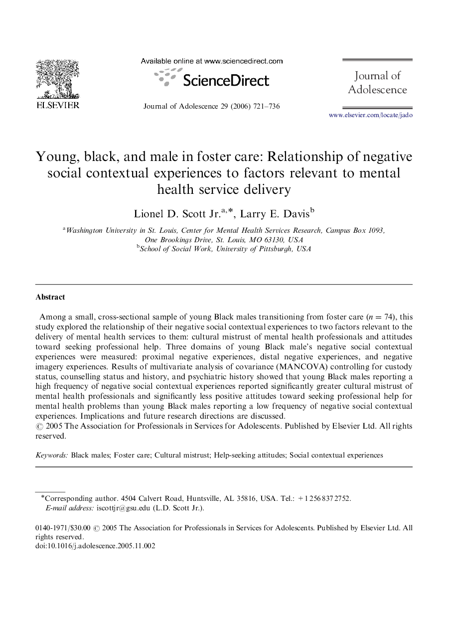 Young, black, and male in foster care: Relationship of negative social contextual experiences to factors relevant to mental health service delivery