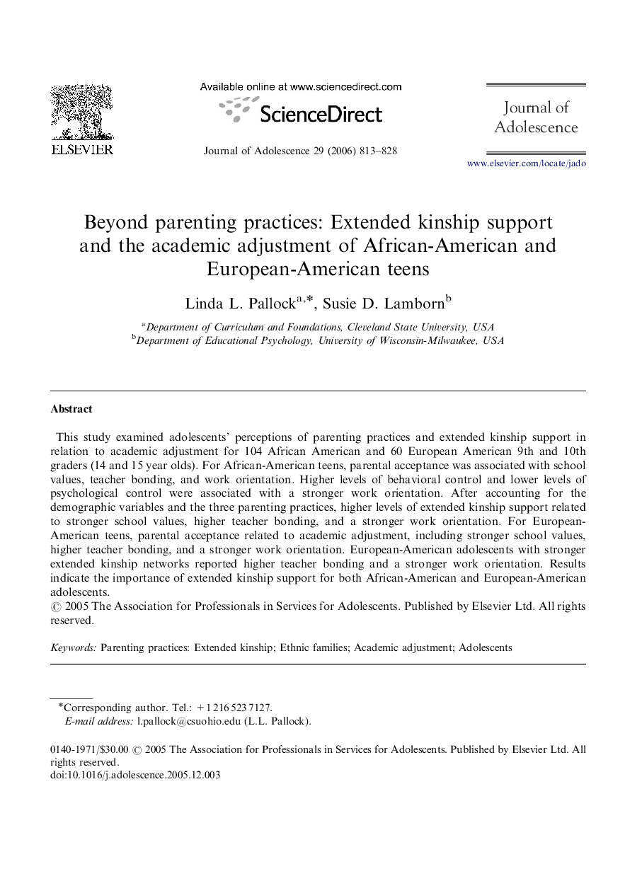Beyond parenting practices: Extended kinship support and the academic adjustment of African-American and European-American teens