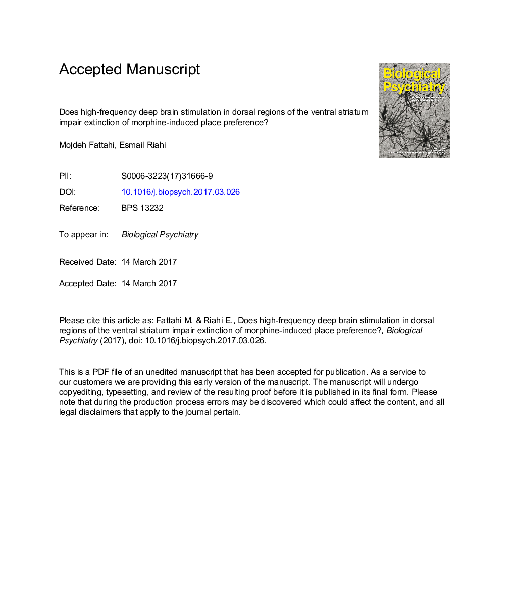 Does High-Frequency Deep Brain Stimulation inÂ Dorsal Regions of the Ventral Striatum ImpairÂ Extinction of Morphine-Induced Place Preference?
