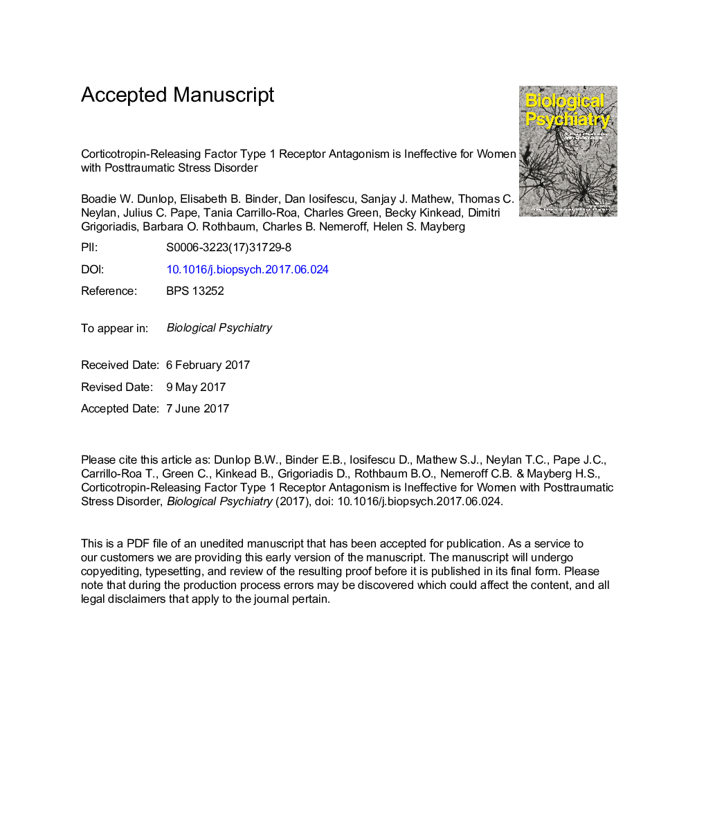 Corticotropin-Releasing Factor Receptor 1 Antagonism Is Ineffective for Women With Posttraumatic Stress Disorder