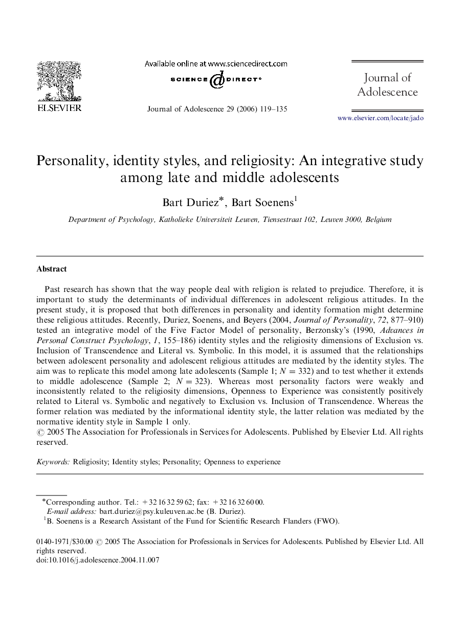 عکس صفحه اول مقاله: Personality, identity styles, and religiosity: An integrative study among late and middle adolescents Personality, identity styles, and religiosity: An integrative study among late and middle adolescents