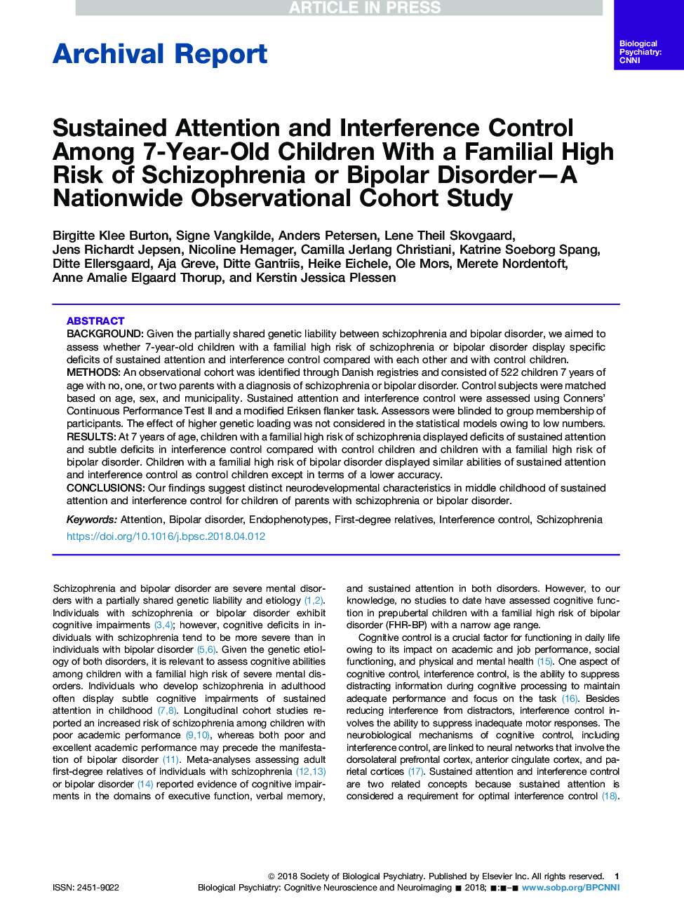 Sustained Attention and Interference Control Among 7-Year-Old Children With a Familial High Risk of Schizophrenia or Bipolar Disorder-A Nationwide Observational Cohort Study