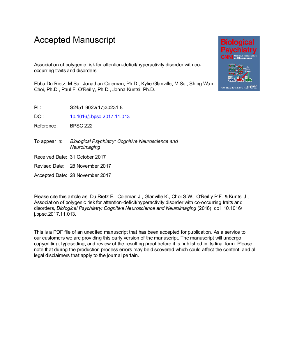 Association of Polygenic Risk for Attention-Deficit/Hyperactivity Disorder With Co-occurring Traits and Disorders