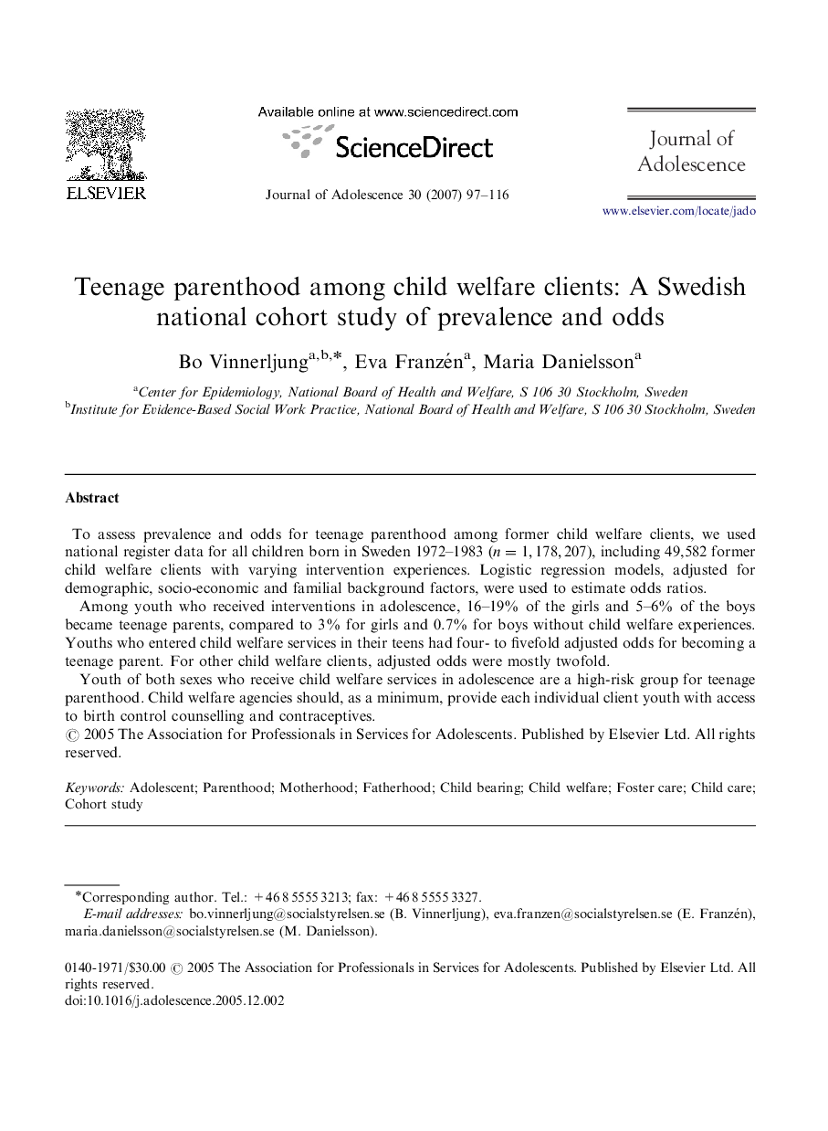 Teenage parenthood among child welfare clients: A Swedish national cohort study of prevalence and odds