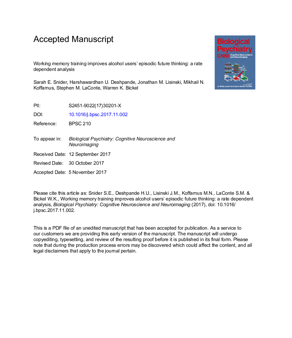 Working Memory Training Improves AlcoholÂ Users' Episodic Future Thinking: A Rate-Dependent Analysis