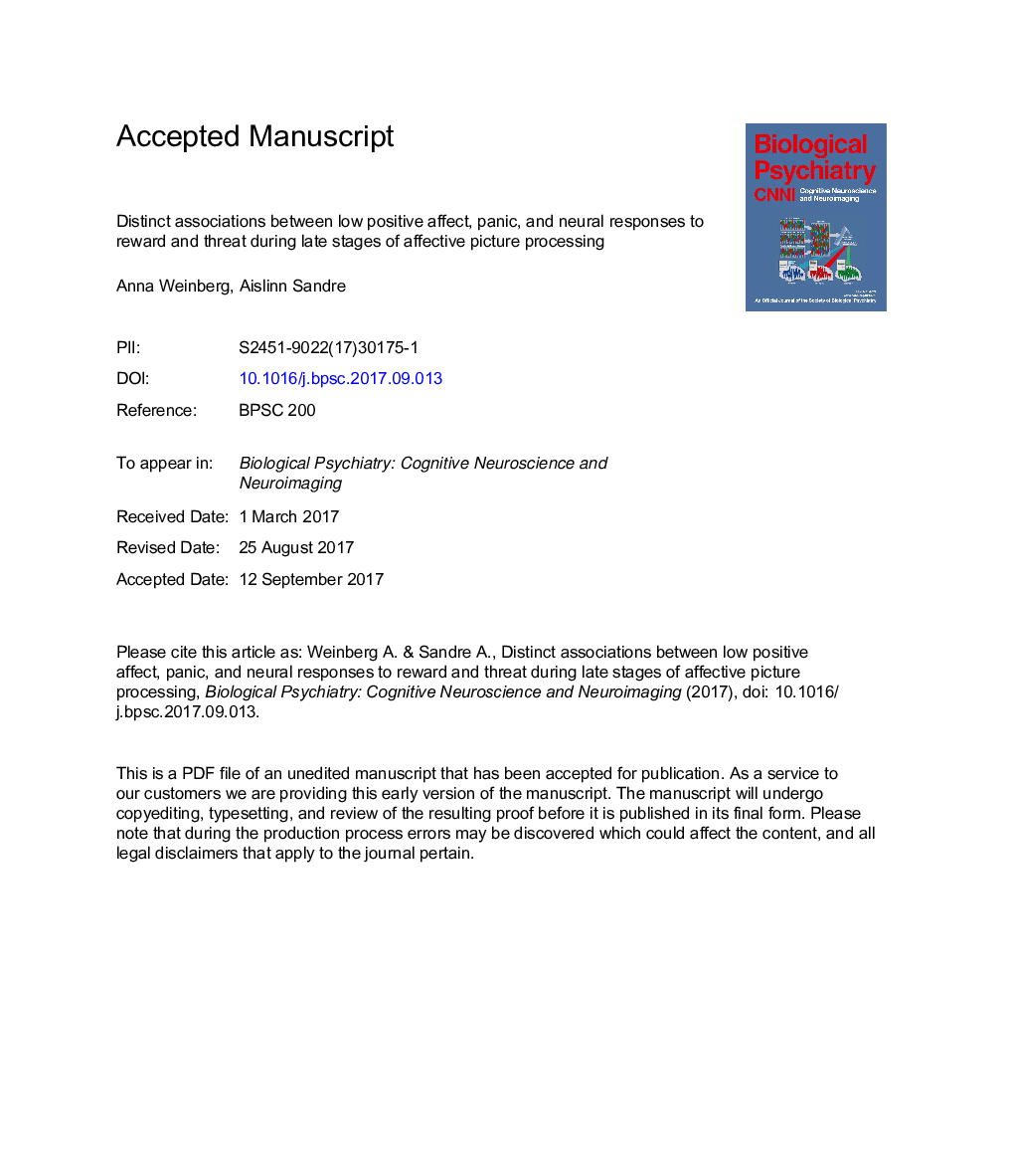 Distinct Associations Between Low Positive Affect, Panic, and Neural Responses to Reward and Threat During Late Stages of Affective Picture Processing