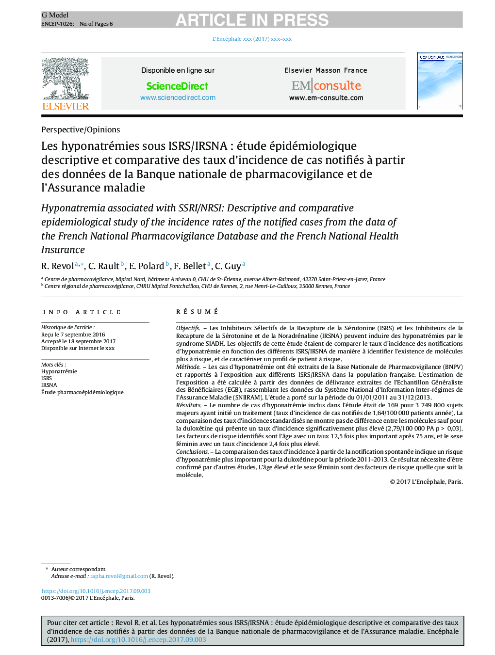 Les hyponatrémies sous ISRS/IRSNAÂ : étude épidémiologique descriptive et comparative des taux d'incidence de cas notifiés Ã  partir des données de la Banque nationale de pharmacovigilance et de l'Assurance maladie