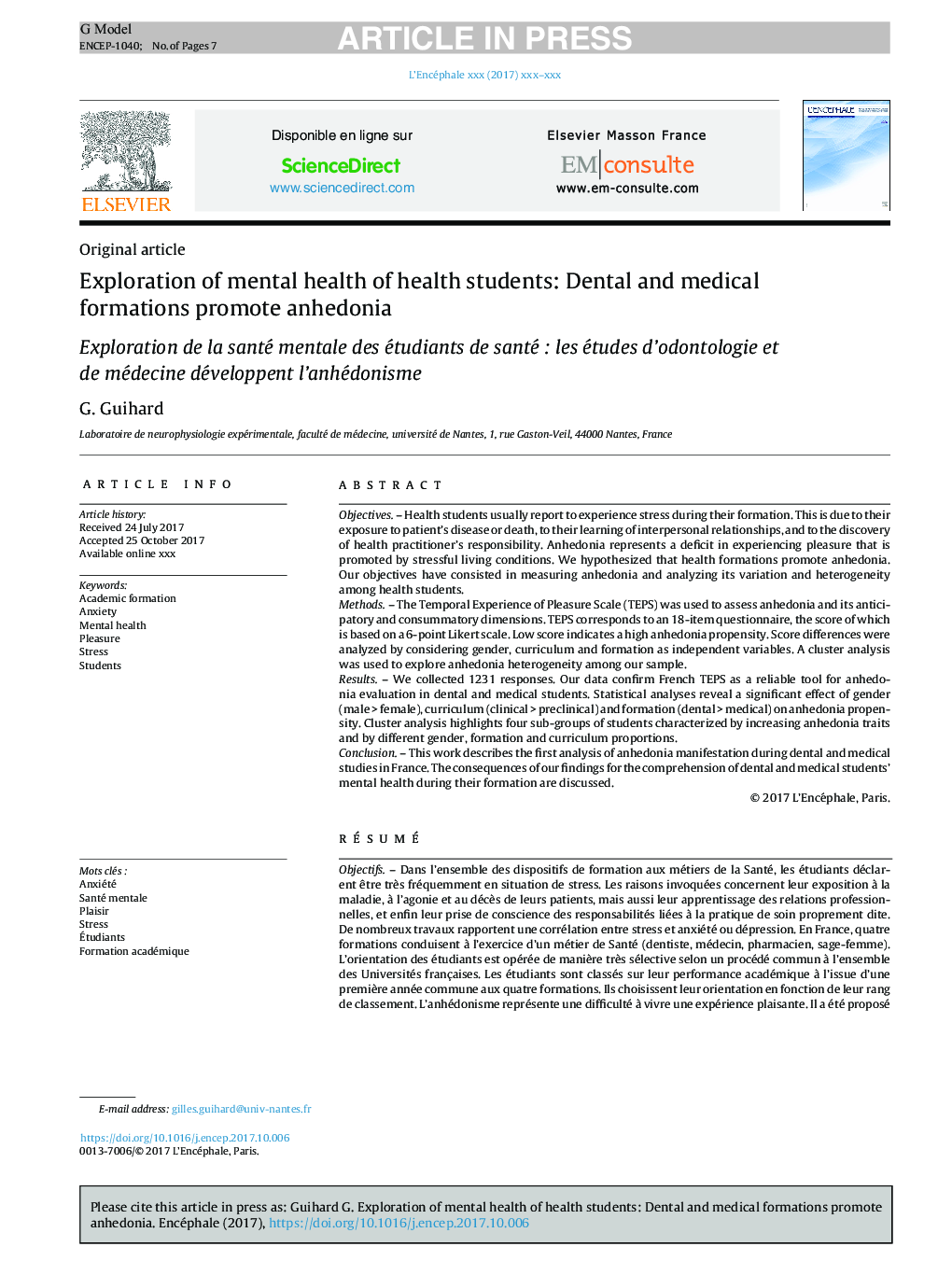 Exploration of mental health of health students: Dental and medical formations promote anhedonia