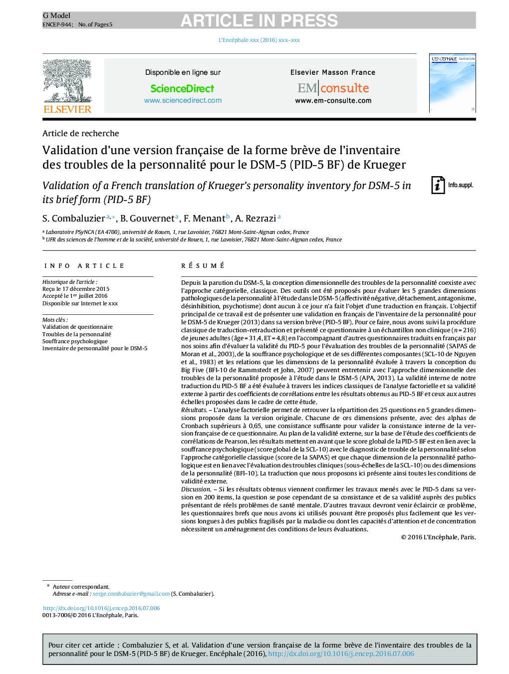 Validation d'une version française de la forme brÃ¨ve de l'inventaire des troubles de la personnalité pour le DSM-5 (PID-5Â BF) de Krueger