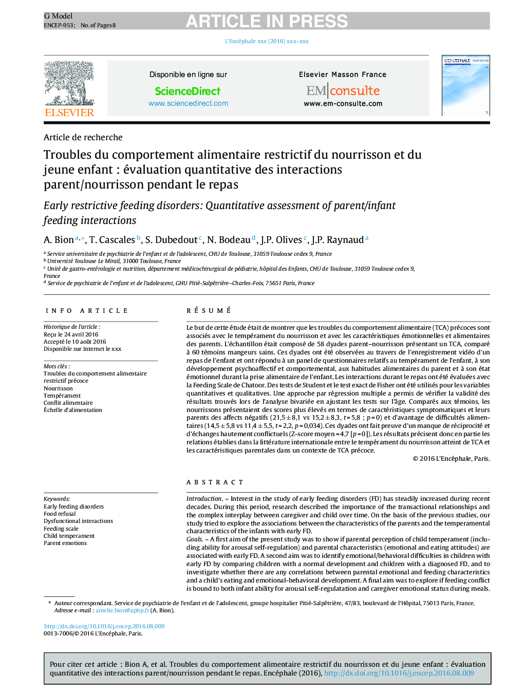 Troubles du comportement alimentaire restrictif du nourrisson et du jeune enfantÂ : évaluation quantitative des interactions parent/nourrisson pendant le repas