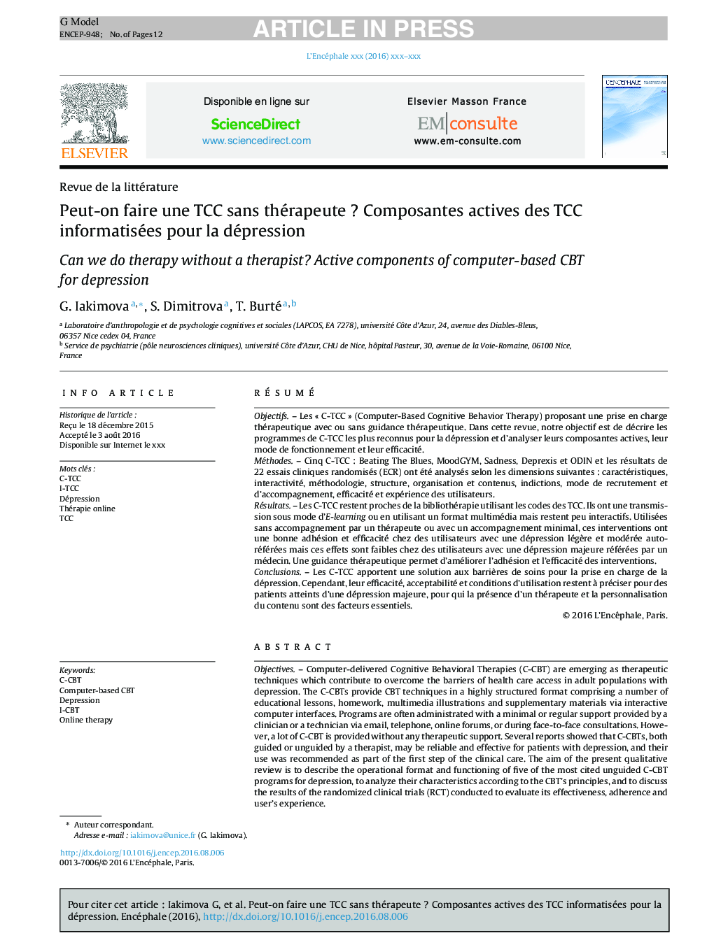 Peut-on faire une TCC sans thérapeuteÂ ? Composantes actives des TCC informatisées pour la dépression