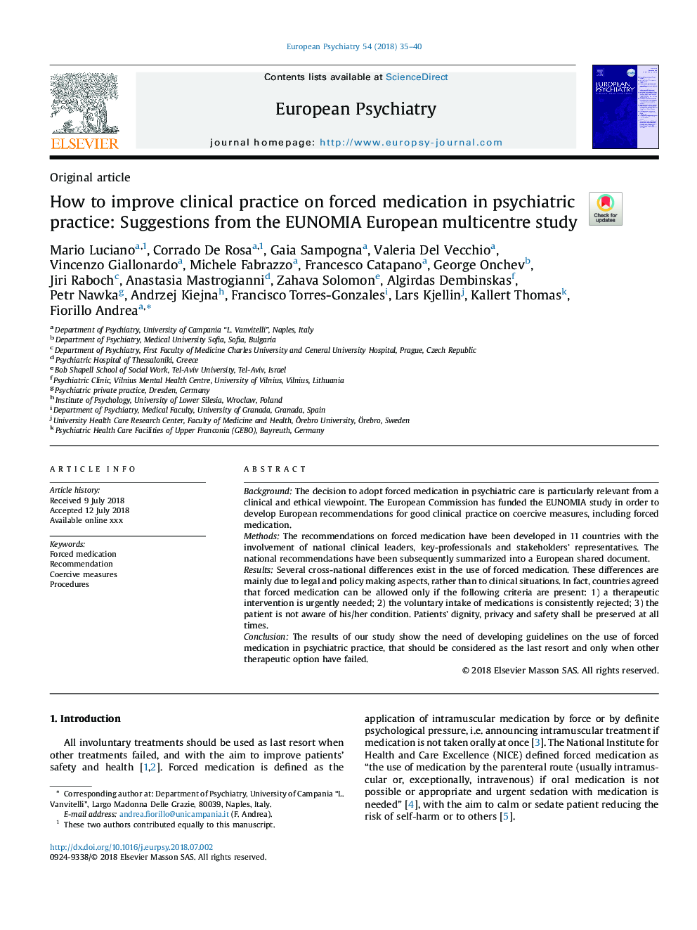 How to improve clinical practice on forced medication in psychiatric practice: Suggestions from the EUNOMIA European multicentre study