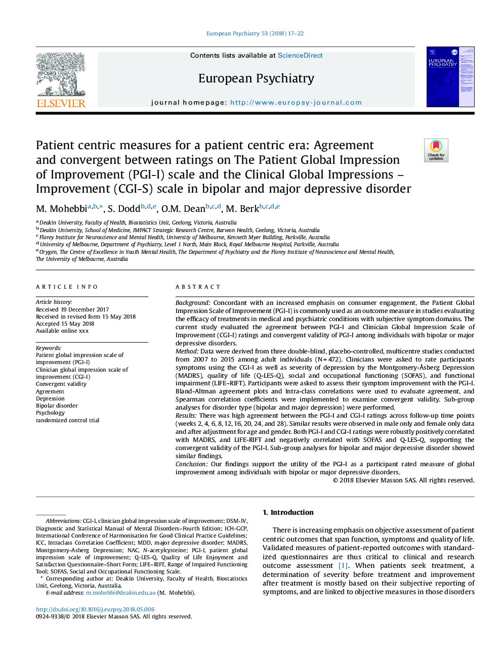 Patient centric measures for a patient centric era: Agreement and convergent between ratings on The Patient Global Impression of Improvement (PGI-I) scale and the Clinical Global Impressions - Improvement (CGI-S) scale in bipolar and major depressive diso