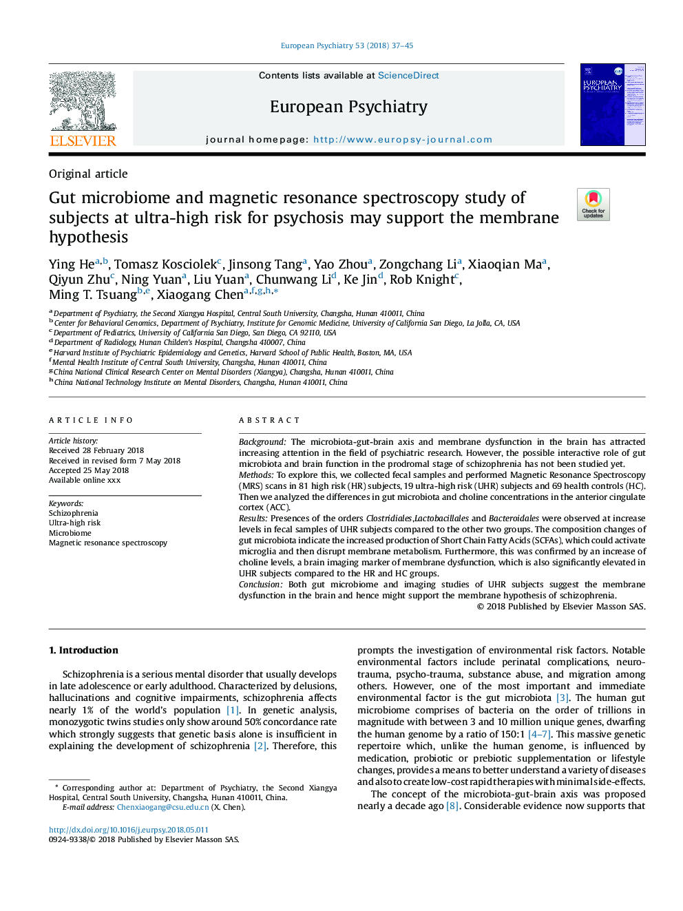 Gut microbiome and magnetic resonance spectroscopy study of subjects at ultra-high risk for psychosis may support the membrane hypothesis