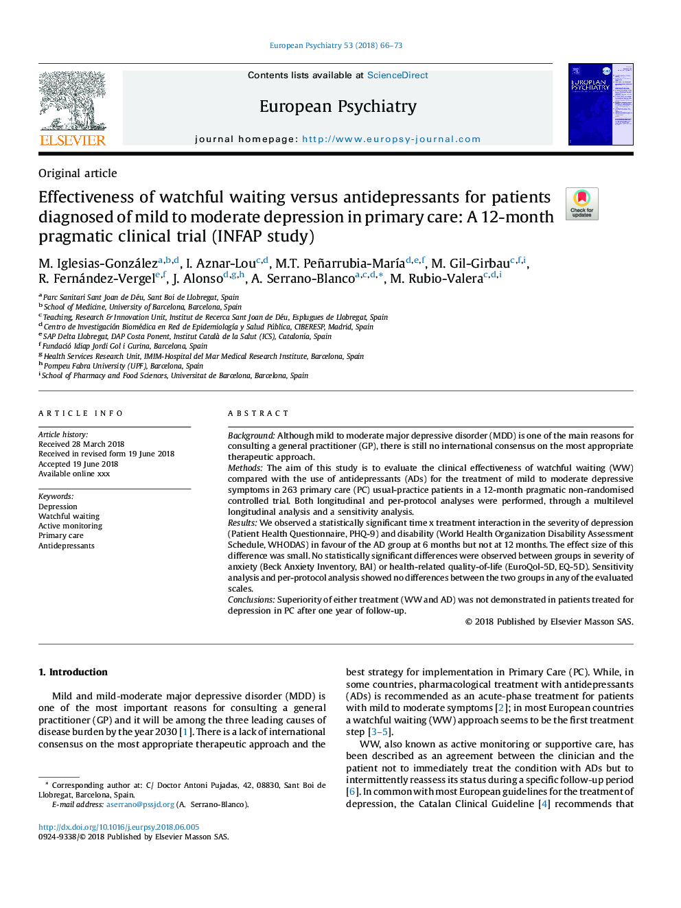 Effectiveness of watchful waiting versus antidepressants for patients diagnosed of mild to moderate depression in primary care: A 12-month pragmatic clinical trial (INFAP study)