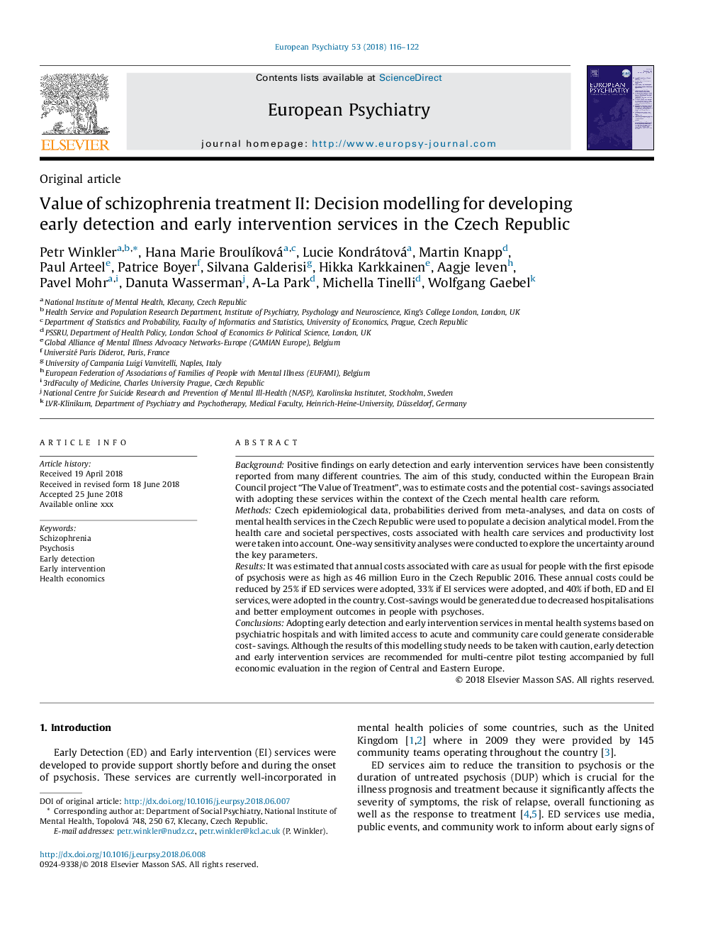 Value of schizophrenia treatment II: Decision modelling for developing early detection and early intervention services in the Czech Republic