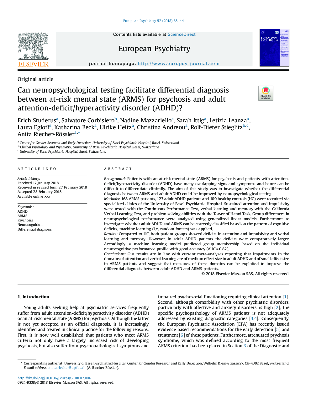 Can neuropsychological testing facilitate differential diagnosis between at-risk mental state (ARMS) for psychosis and adult attention-deficit/hyperactivity disorder (ADHD)?