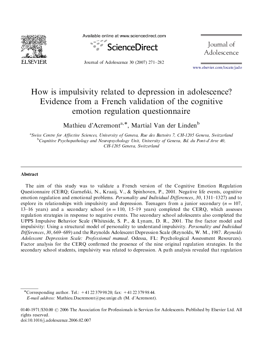 How is impulsivity related to depression in adolescence? Evidence from a French validation of the cognitive emotion regulation questionnaire