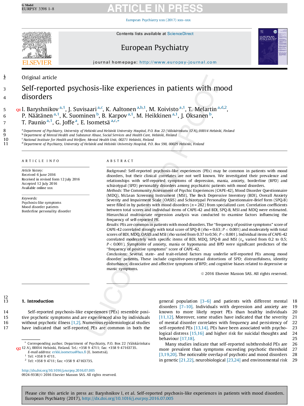 Self-reported psychosis-like experiences in patients with mood disorders