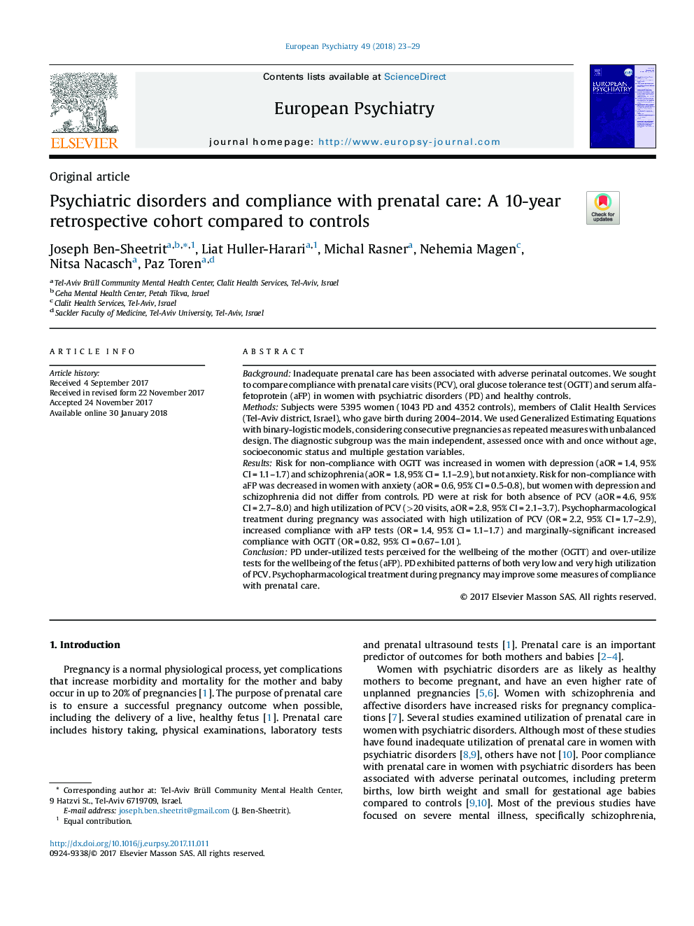 Psychiatric disorders and compliance with prenatal care: A 10-year retrospective cohort compared to controls