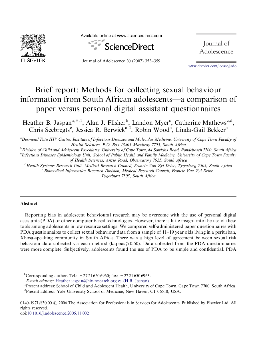 Brief report: Methods for collecting sexual behaviour information from South African adolescents—a comparison of paper versus personal digital assistant questionnaires