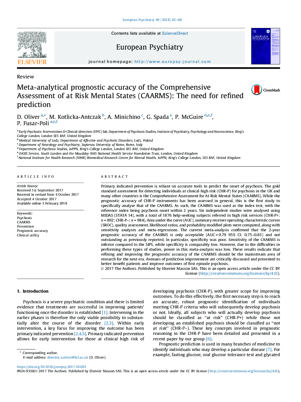 Meta-analytical prognostic accuracy of the Comprehensive Assessment of at Risk Mental States (CAARMS): The need for refined prediction