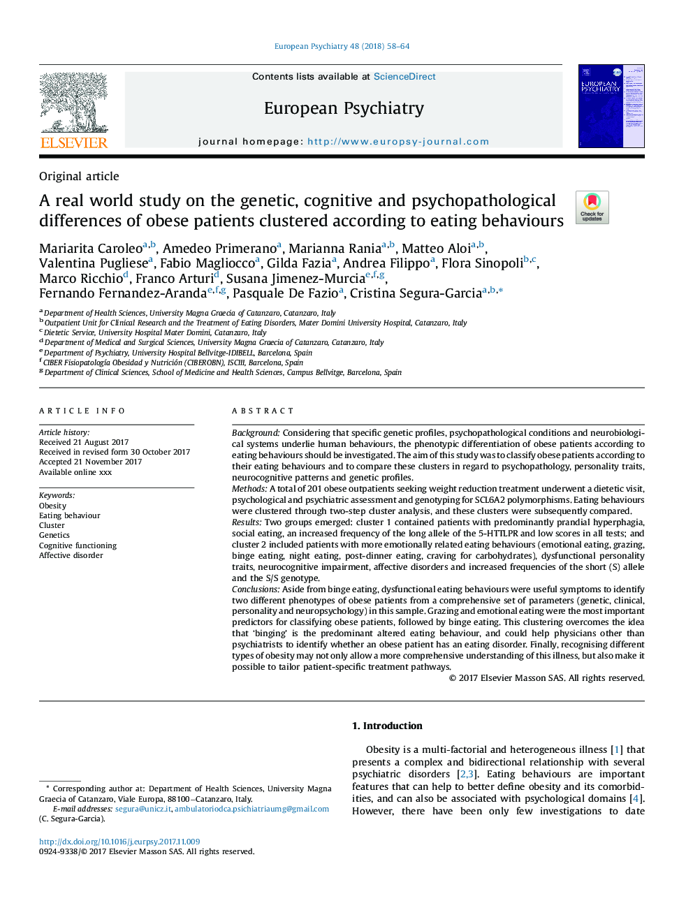 A real world study on the genetic, cognitive and psychopathological differences of obese patients clustered according to eating behaviours