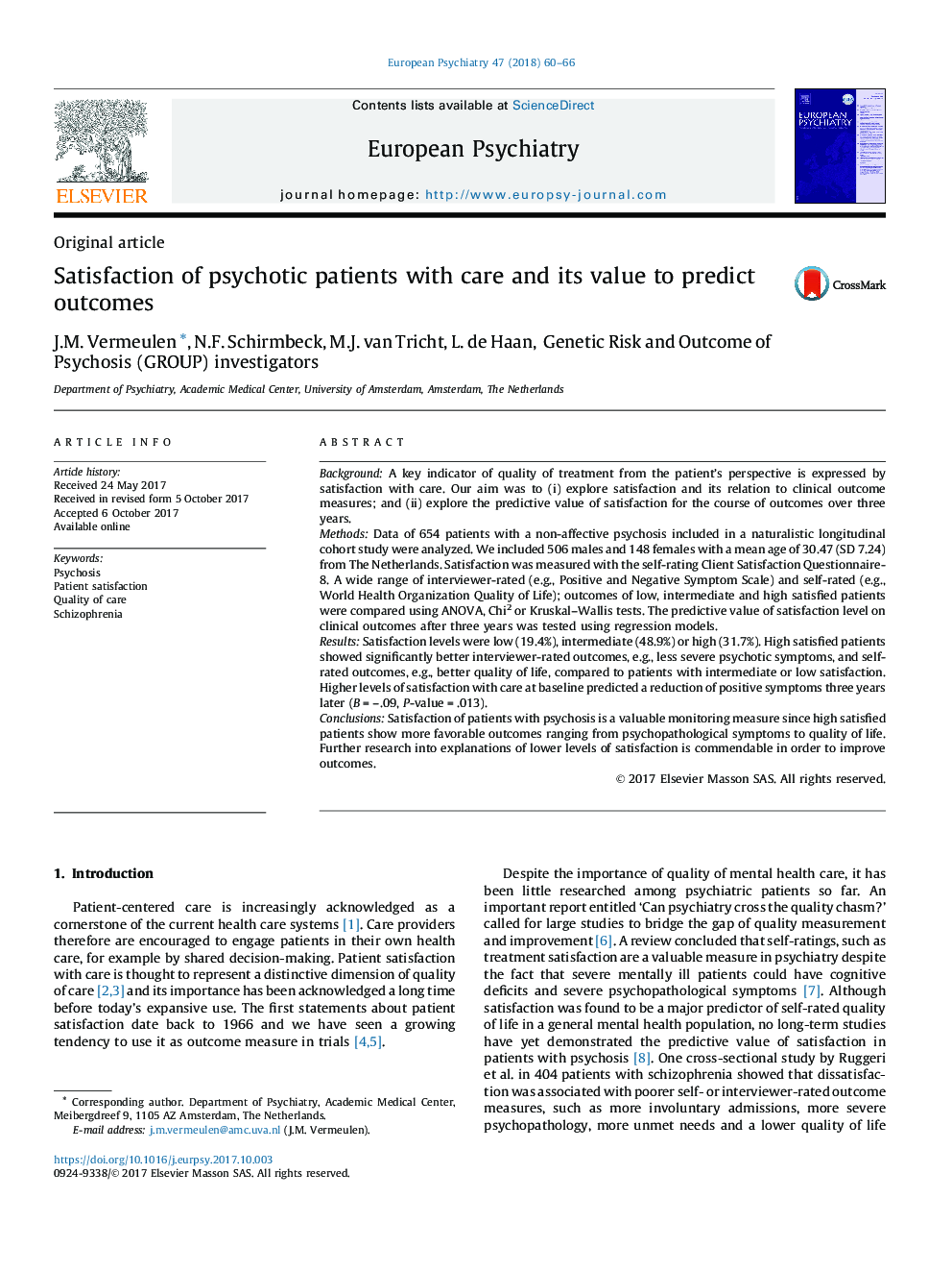 Satisfaction of psychotic patients with care and its value to predict outcomes