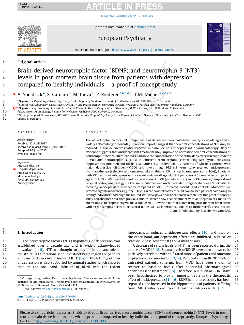 Brain-derived neurotrophic factor (BDNF) and neurotrophin 3 (NT3) levels in post-mortem brain tissue from patients with depression compared to healthy individualsÂ -Â a proof of concept study