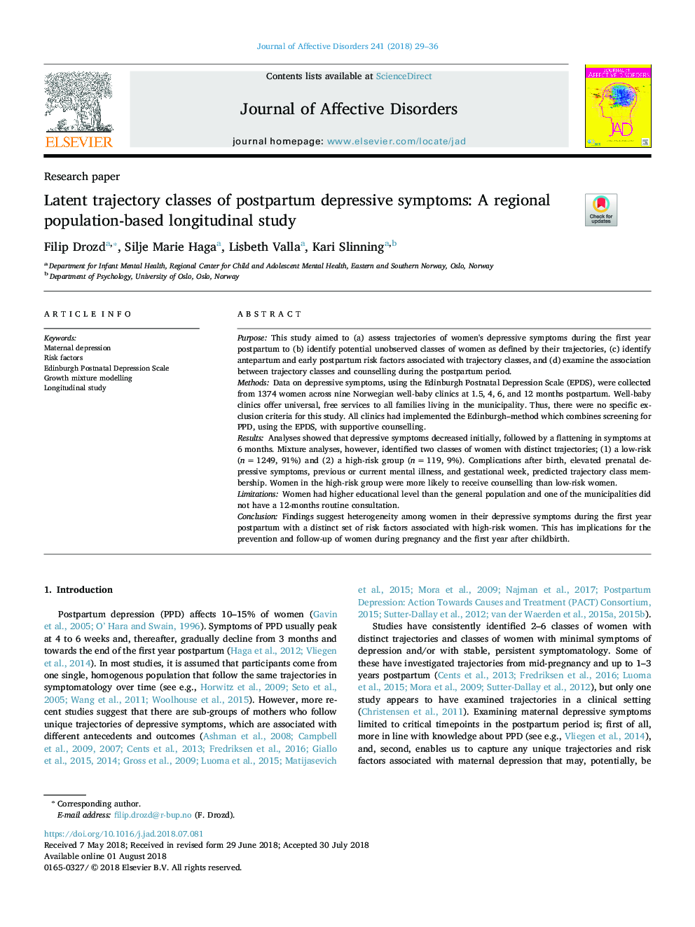 Latent trajectory classes of postpartum depressive symptoms: A regional population-based longitudinal study