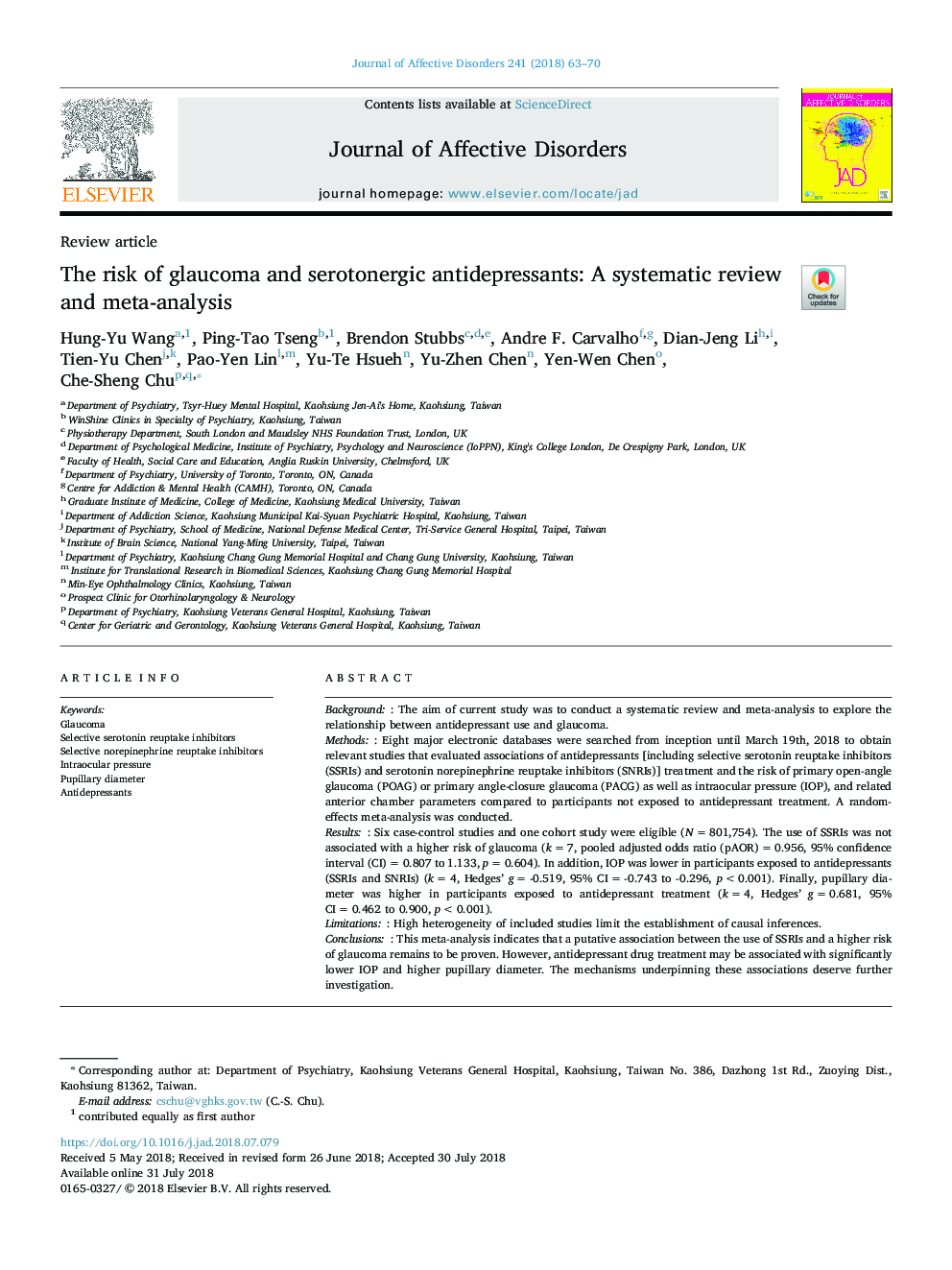 The risk of glaucoma and serotonergic antidepressants: A systematic review and meta-analysis
