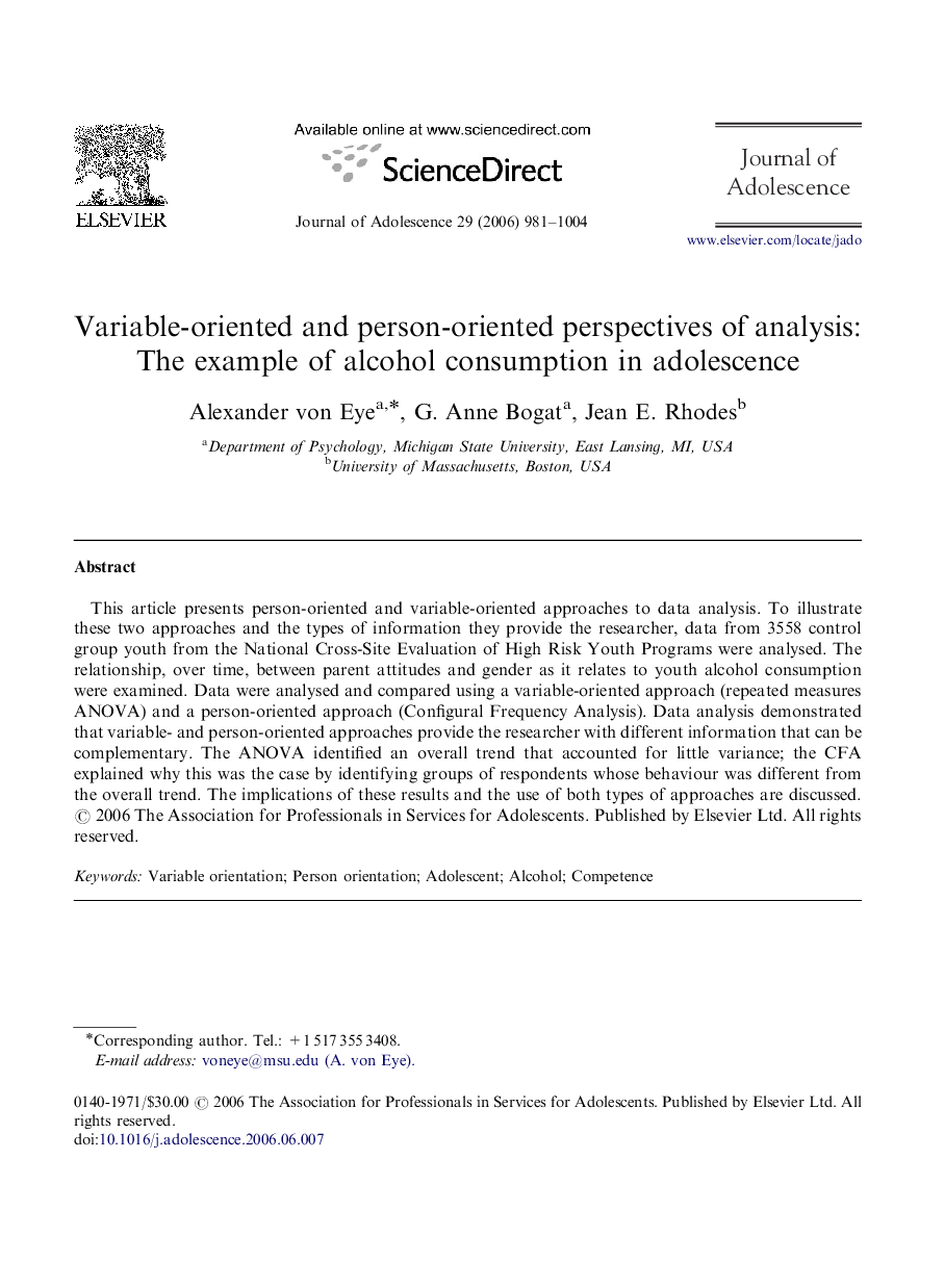 Variable-oriented and person-oriented perspectives of analysis: The example of alcohol consumption in adolescence