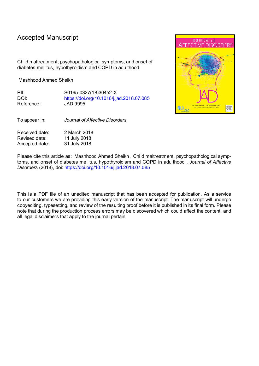 Child maltreatment, psychopathological symptoms, and onset of diabetes mellitus, hypothyroidism and COPD in adulthood