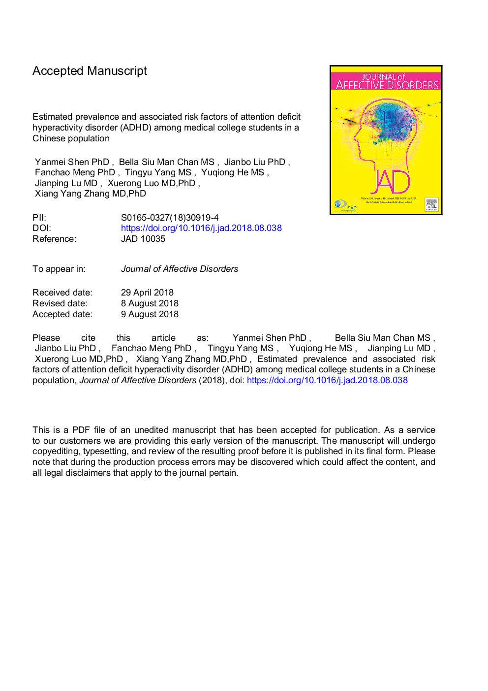 Estimated prevalence and associated risk factors of attention deficit hyperactivity disorder (ADHD) among medical college students in a Chinese population