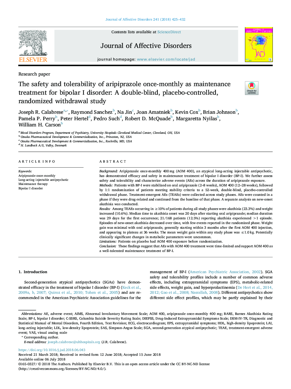 The safety and tolerability of aripiprazole once-monthly as maintenance treatment for bipolar I disorder: A double-blind, placebo-controlled, randomized withdrawal study