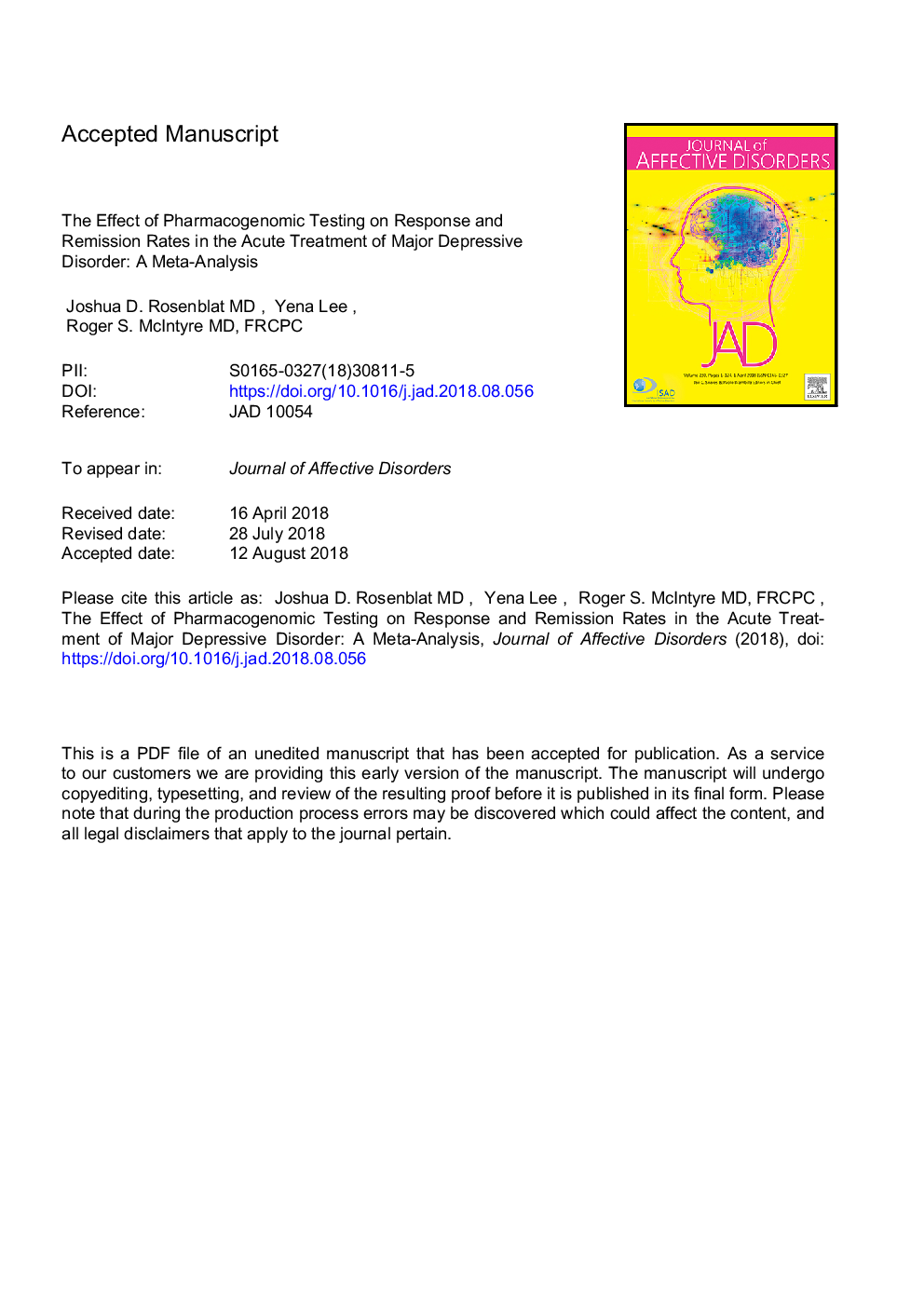 The effect of pharmacogenomic testing on response and remission rates in the acute treatment of major depressive disorder: A meta-analysis