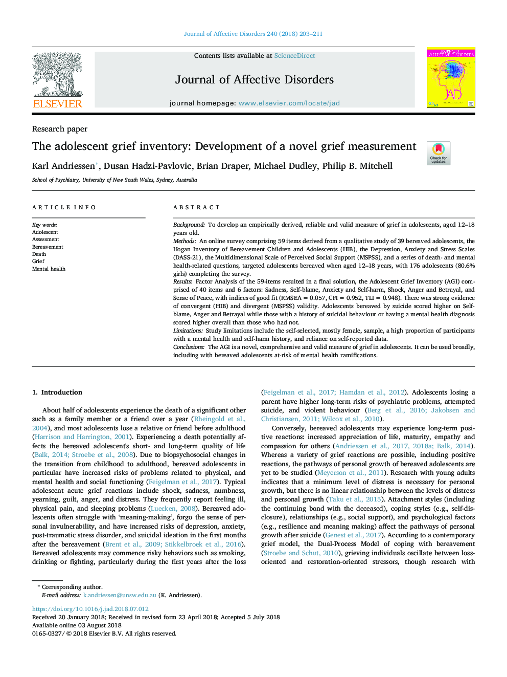 The adolescent grief inventory: Development of a novel grief measurement