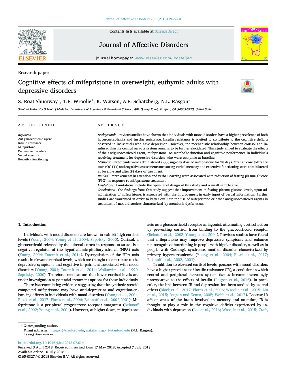 Cognitive effects of mifepristone in overweight, euthymic adults with depressive disorders