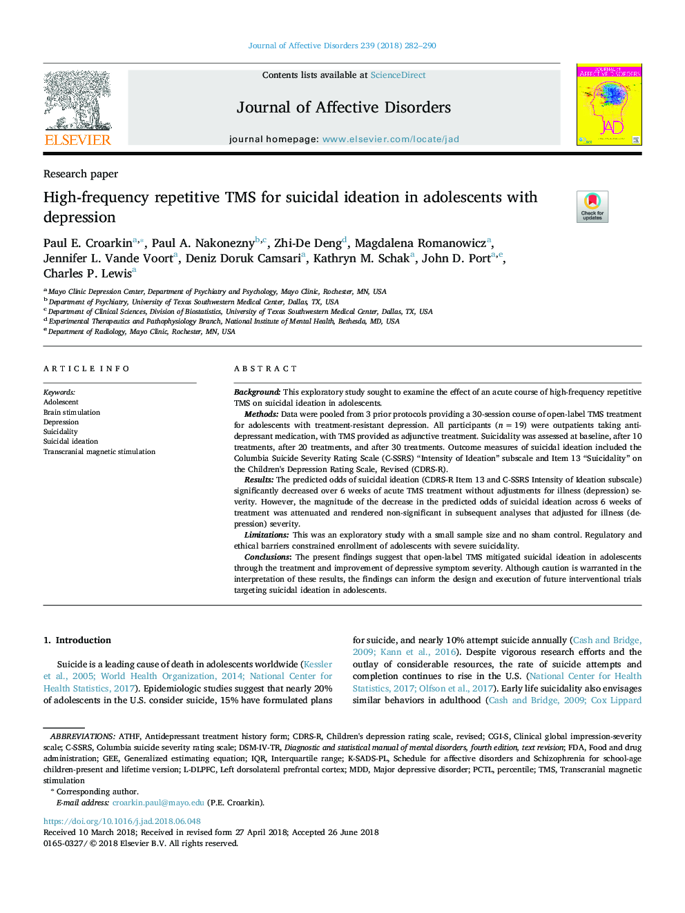 High-frequency repetitive TMS for suicidal ideation in adolescents with depression