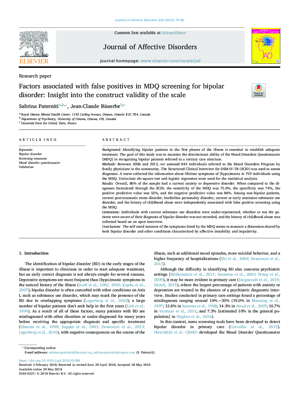 Factors associated with false positives in MDQ screening for bipolar disorder: Insight into the construct validity of the scale