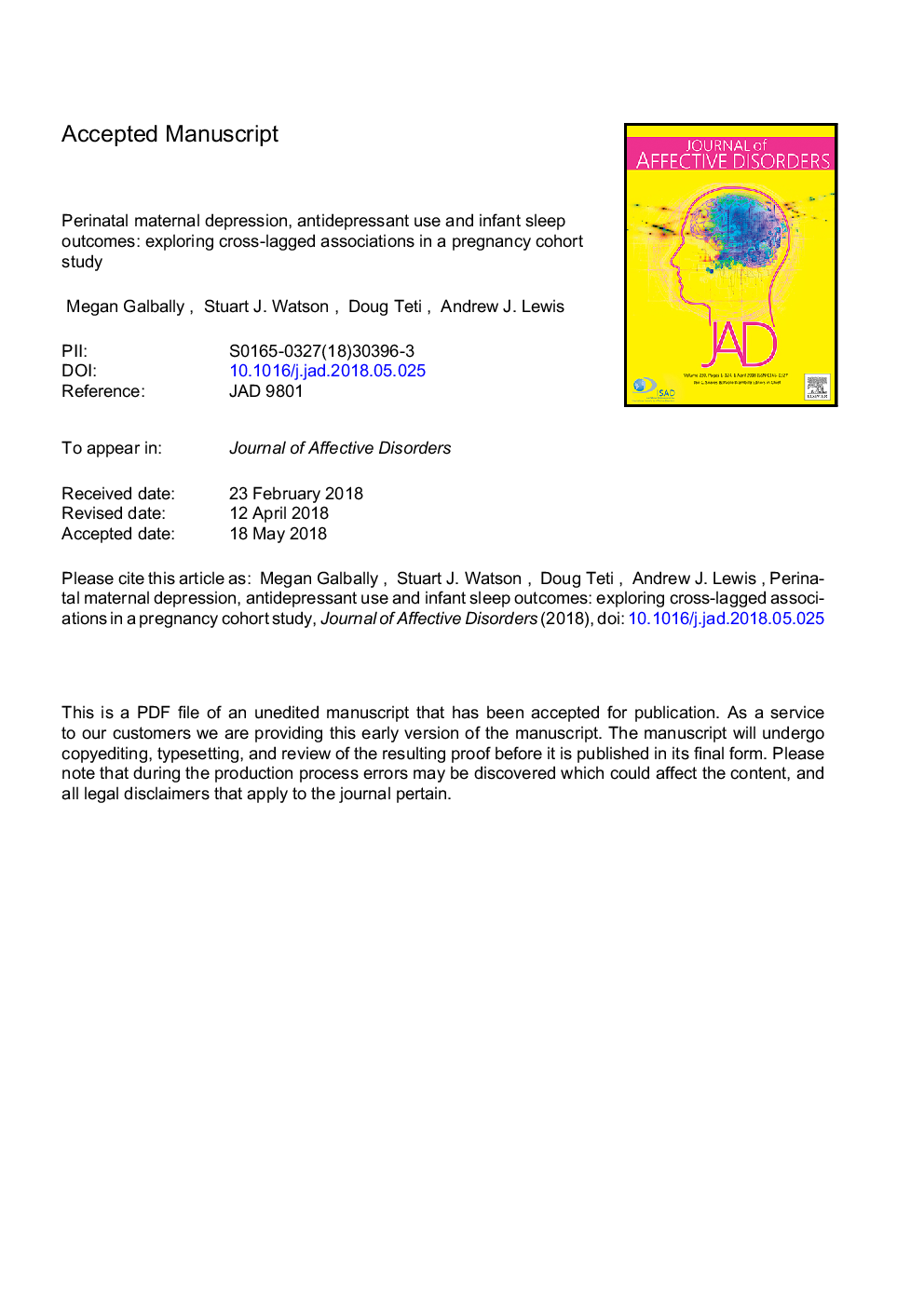 Perinatal maternal depression, antidepressant use and infant sleep outcomes: Exploring cross-lagged associations in a pregnancy cohort study