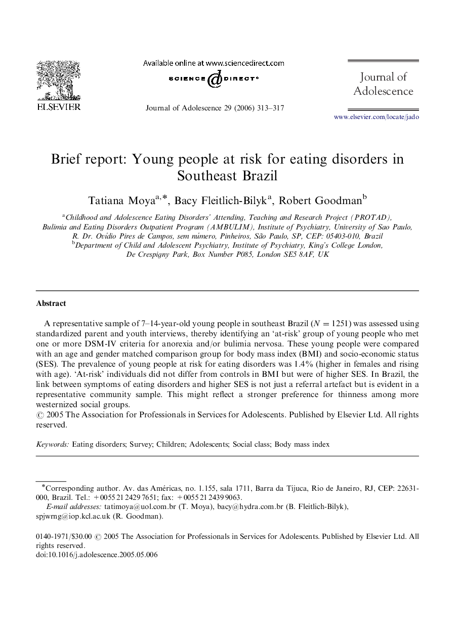 Brief report: Young people at risk for eating disorders in Southeast Brazil