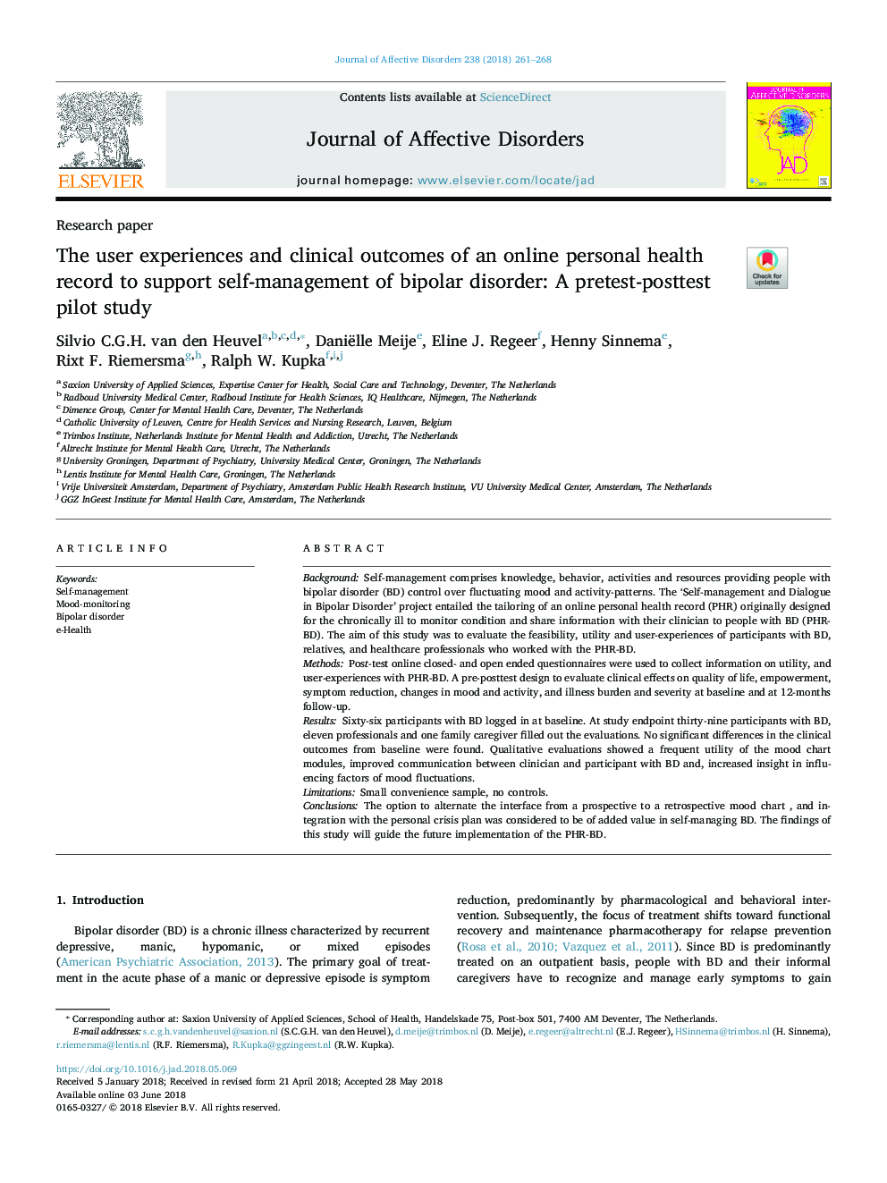 The user experiences and clinical outcomes of an online personal health record to support self-management of bipolar disorder: A pretest-posttest pilot study