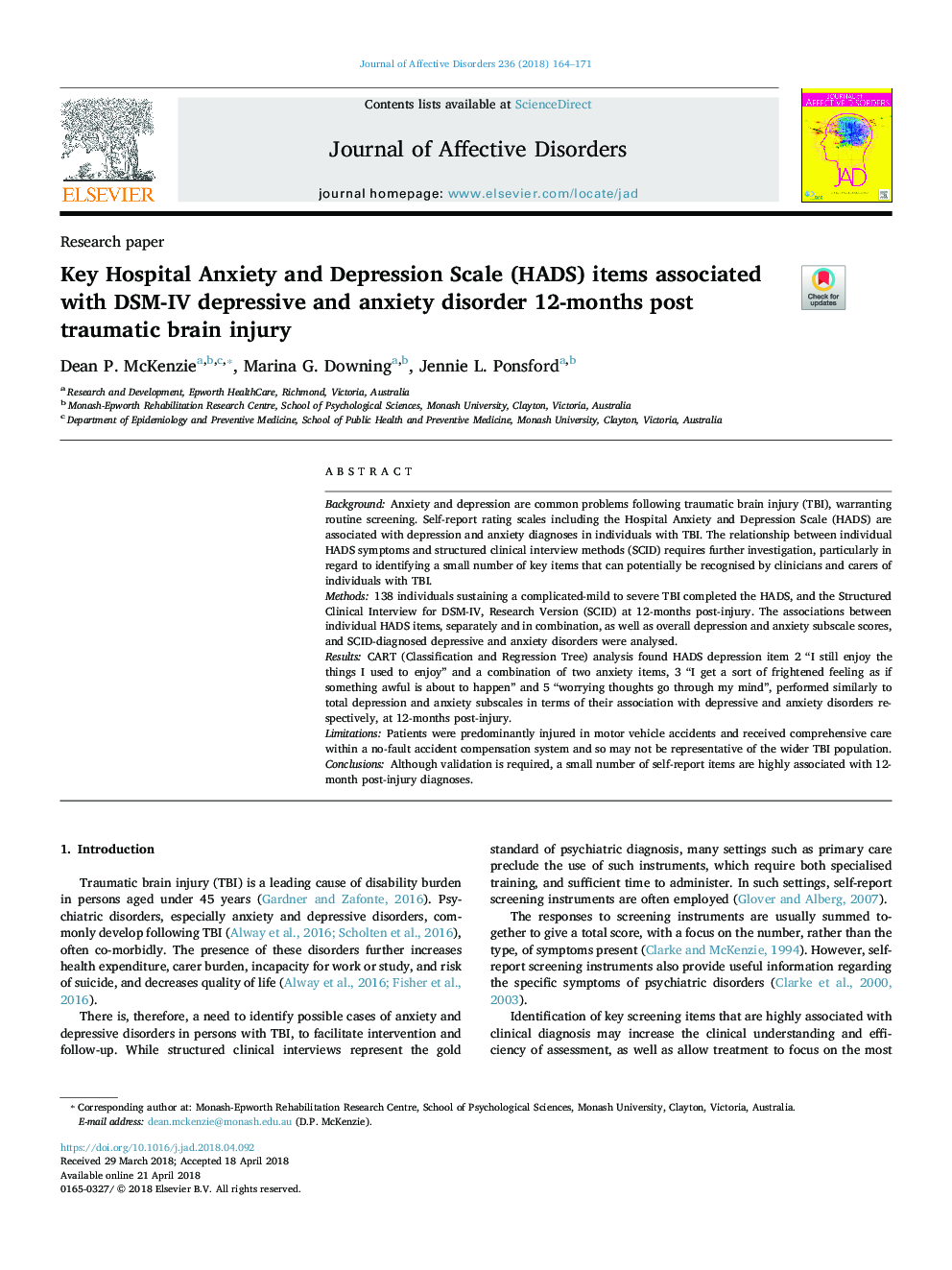 Key Hospital Anxiety and Depression Scale (HADS) items associated with DSM-IV depressive and anxiety disorder 12-months post traumatic brain injury