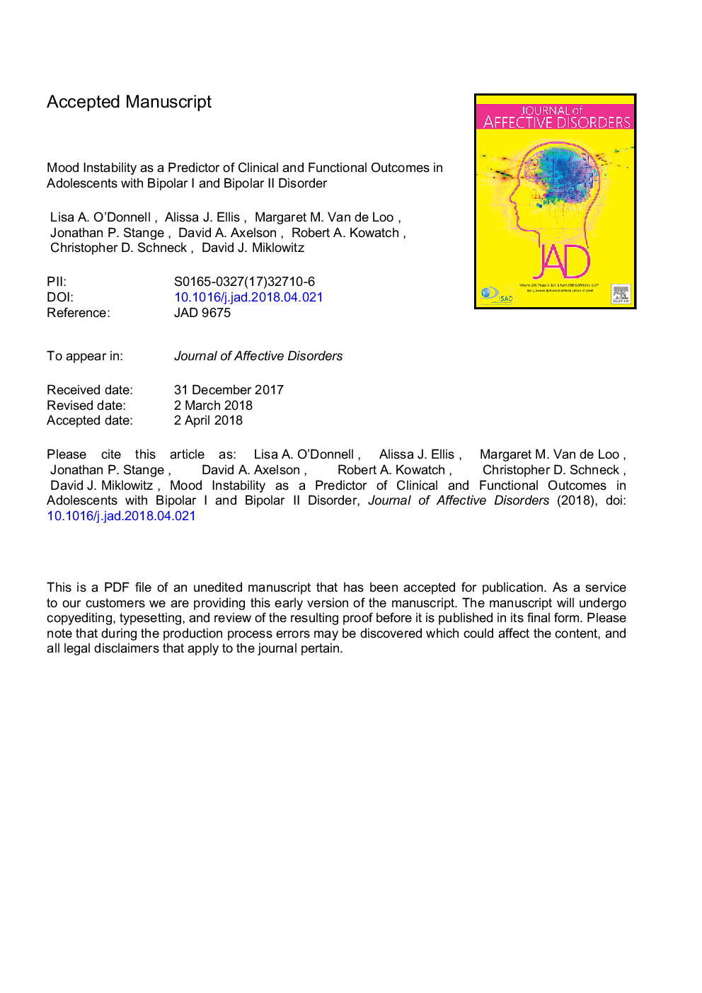 Mood instability as a predictor of clinical and functional outcomes in adolescents with bipolar I and bipolar II disorder